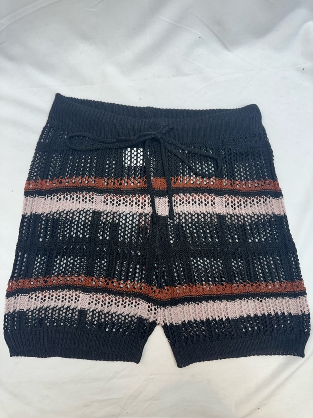 Women’s Black Crochet Swim Coverup Shorts with Brown & Tan Stripe Accents L